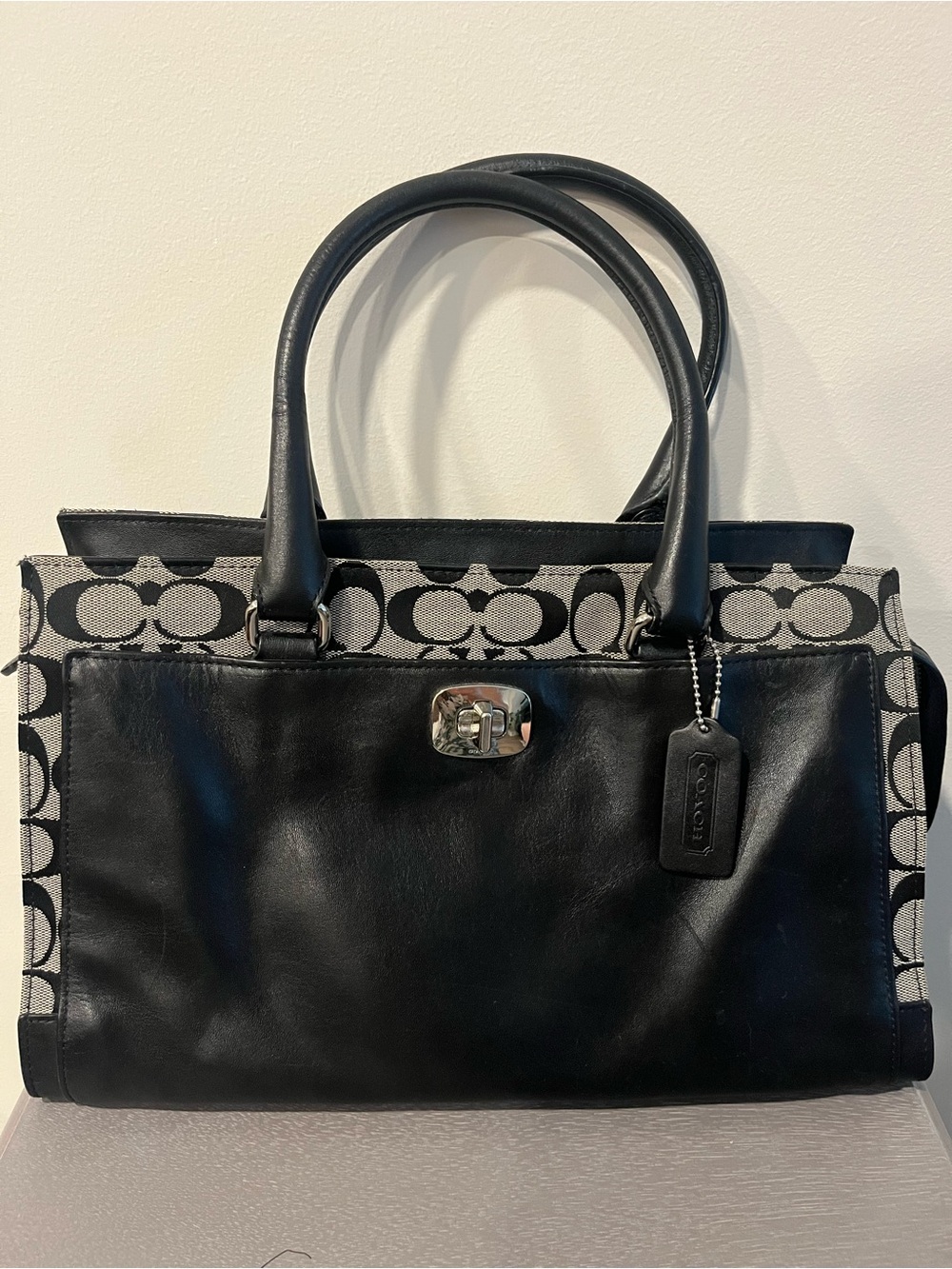 Coach Legacy Black Leather & Signature Chelsea Canvas Carryall Handbag